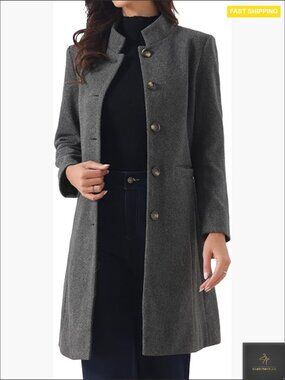 Classic Pea Coat Elegant Winter Coat Stand Collar Single Breasted Mid-Length